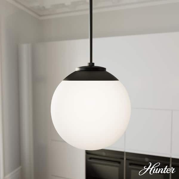 Hunter Hepburn 1-Light Matte Black Island Pendant Light with Cased Glass White Shade Included