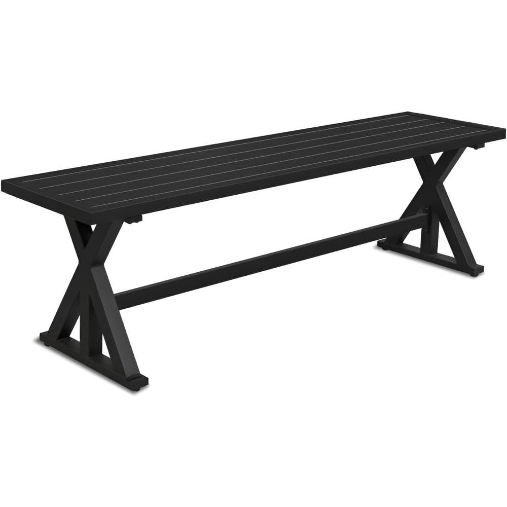 Black Metal Outdoor All Weather Bench with Sturdy X-Leg, Dining Seating for