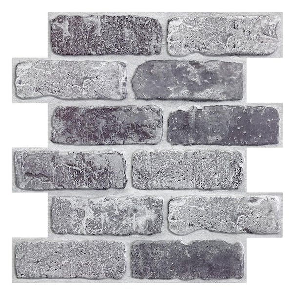 12 in. x 12 in. x 0.1 in. 3D PVC Faux Brick Wall Panel Peel and Stick Brick Tiles for Home Decor, Whitewash Gray