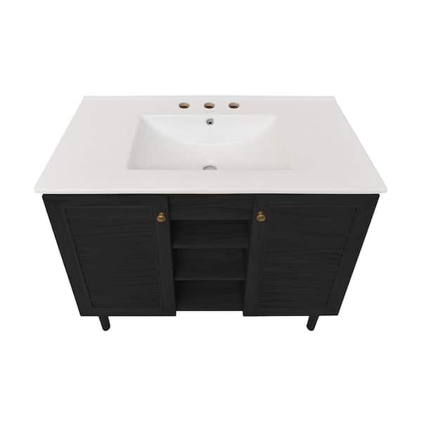 Bron 36 in. Freestanding Bathroom Vanity in Black Oak with White Ceramic 3-Hole Widespread Sink Top
