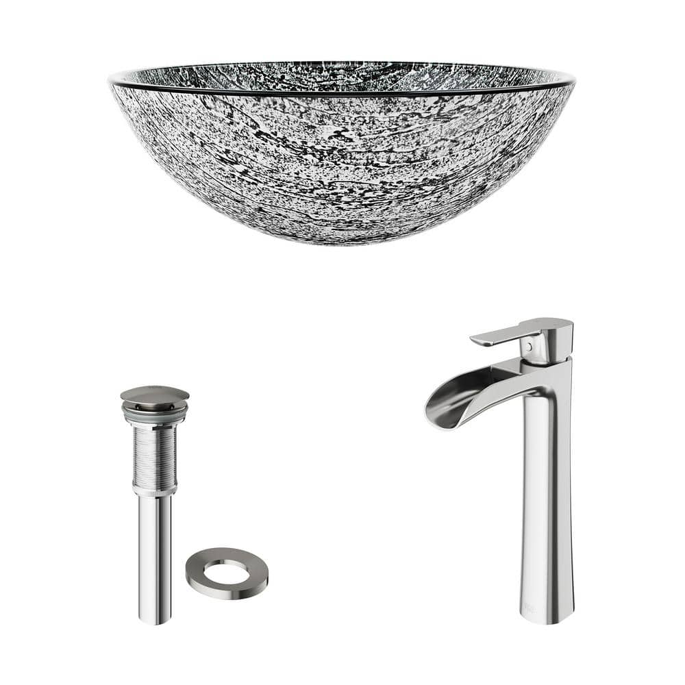 Titanium Gray Glass Vessel Sink with Modern Brushed Nickel Faucet