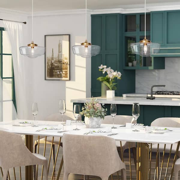 Modern Farmhouse Pendant Light, Dule 9.5 in. 1-Light Antique Gold Transitional Pendant Light with Seeded Glass Shade