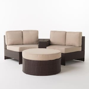 Brown 4-Piece Faux Rattan Outdoor Sectional and Table Set with Textured Beige Cushions