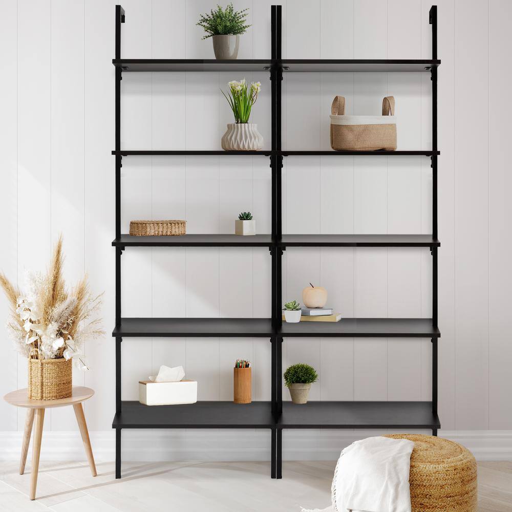 Madera Tall Black Wood and Metal Ladder Bookcase with 5 Shelves
