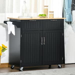 Rolling Black Rubber Wood Top 41 in. Kitchen Island Cart with Adjustable Shelf and Wheels