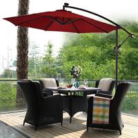 Costway 10 ft. Steel Market Hanging Solar LED Patio Umbrella with Base in Burgundy GHMHSKU00185