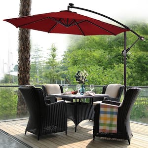 10 ft. Steel Market Hanging Solar LED Patio Umbrella with Base in Burgundy