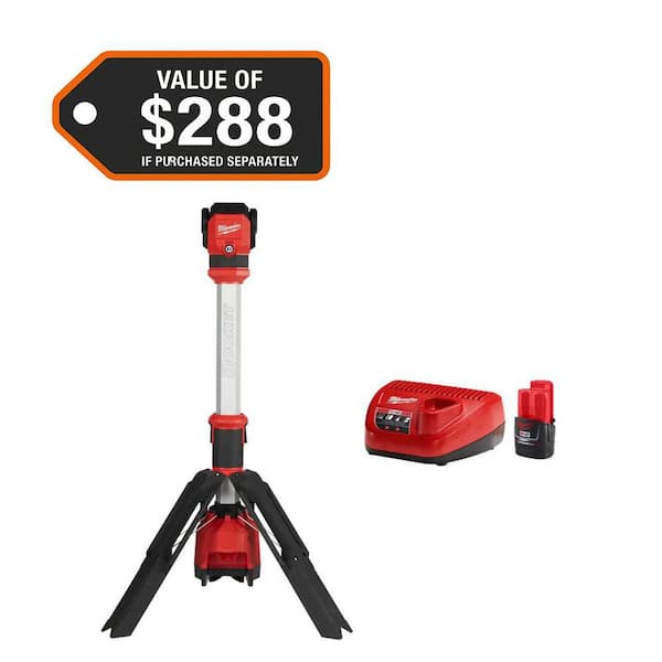M12 12-Volt Lithium-Ion ROCKET LED Stand Work Light & M12 12-Volt Lithium-Ion Compact Battery Pack 2. 0Ah Starter Kit