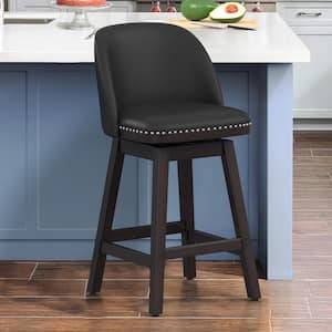 26 in. Black Wood Frame Swivel Cushioned Bar Stool with Faux Leather, Swivel Counter Stool