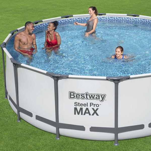 Bestway Steel Pro MAX 14 ft. x 4 ft. Frame Above Ground Round Swimming Pool  Set 5613HE-BW + EZP10 - The Home Depot