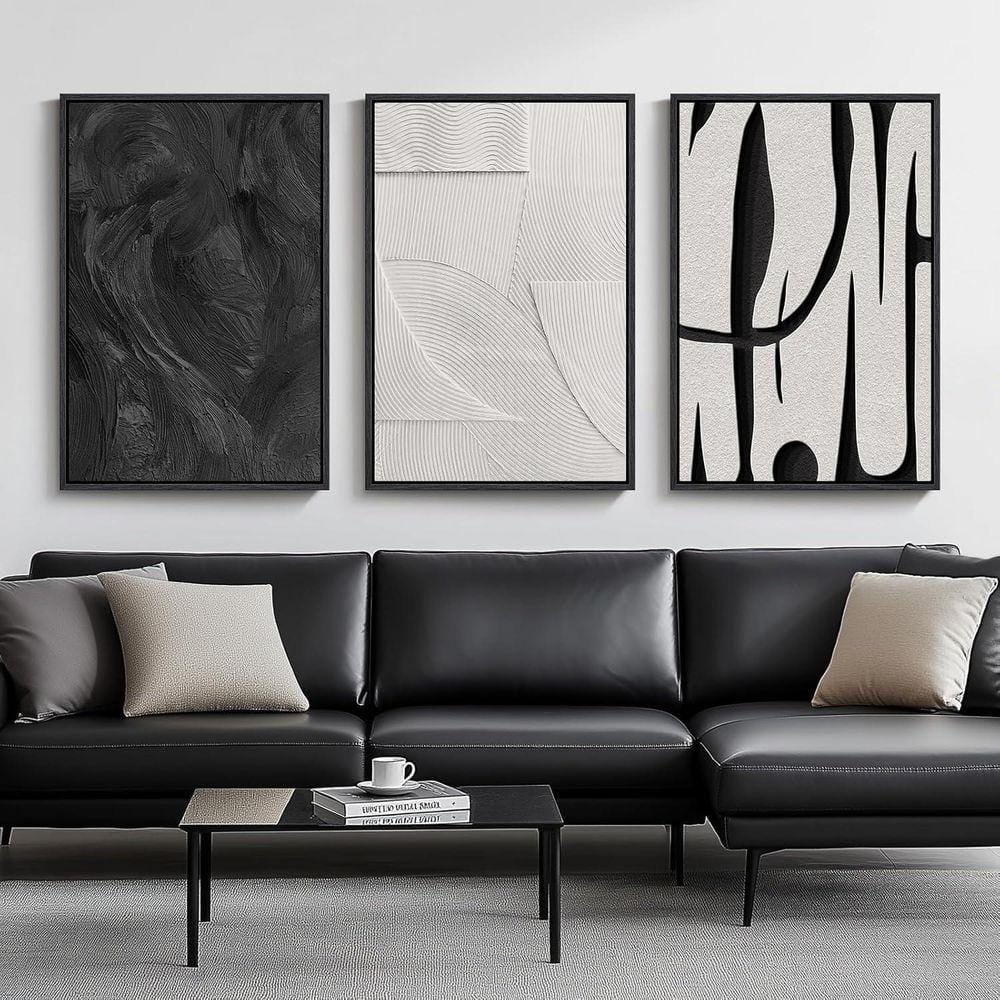 3 Piece Large Framed Black and White Abstract Wall Art Poster ...