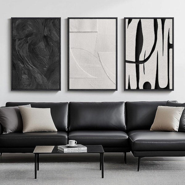 3 Piece Large Framed Black and White Abstract Wall Art Poster