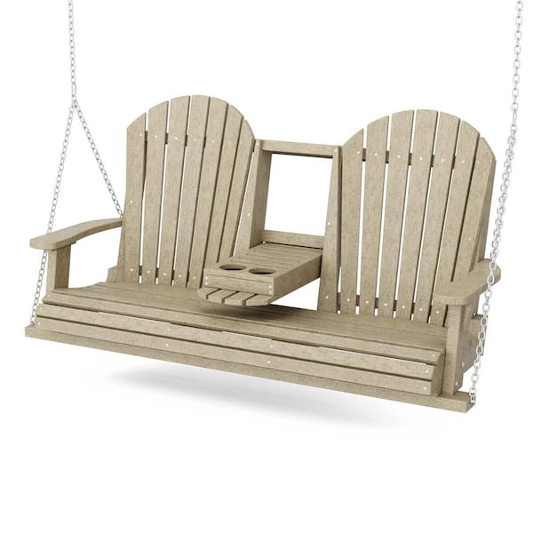 Heritage 2-Person Weathered Wood HDPE Plastic Porch Swing with Console