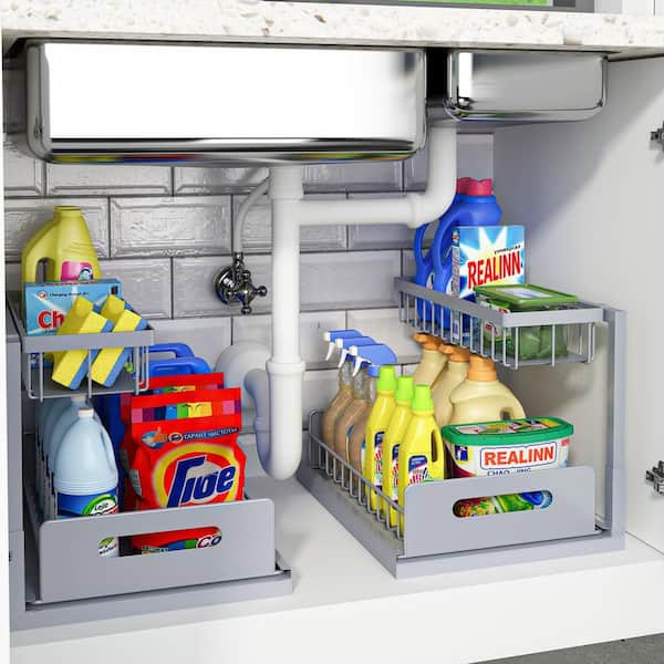2-Pack Gray L Shaped Under Sink Pull Out Organizer, 2 Tier Metal Slide Shelf for Kitchen and Bathroom Cabinet Storage
