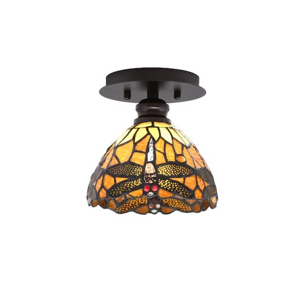 Unbranded Albany 1-Light 7 in. Espresso Semi-Flush with Amber Dragonfly Art Glass Shade