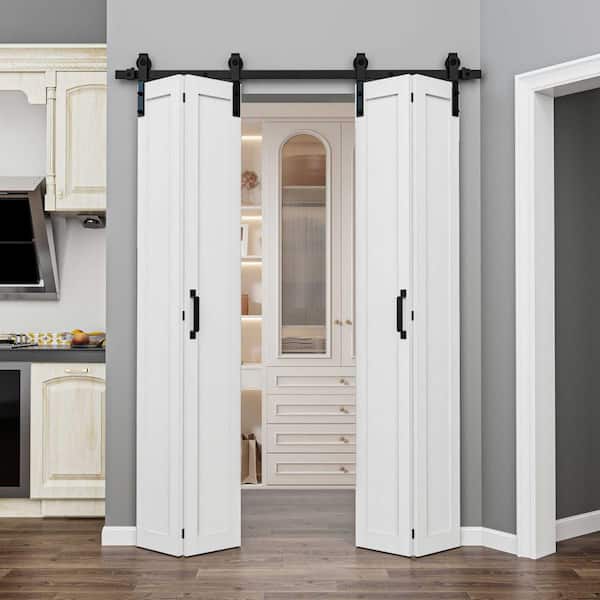 50 in. x 84 in. 1-Paneled White Primed Composite MDF Bifold Sliding Barn Door with Hardware Kit