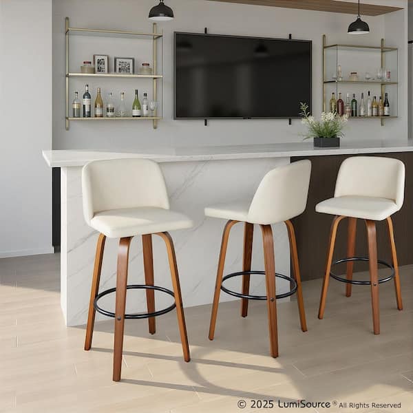 Toriano 39 in. Cream Faux Leather, Walnut Wood & Black Metal Fixed-Height Bar Stool Round Footrest (Set of 2)