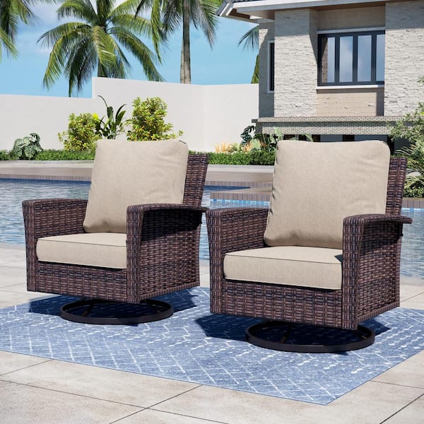 PHI VILLA Dark Brown High Back Swivel Wicker Outdoor Lounge Chair with 5.5 in. Thick Beige Cushions (2-Pack)