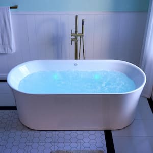 67 in. x 31.5 in. Freestanding Air Soaking Bathtub with Chrome Center Drain in White, Air Bubble Massage, LED Lighting