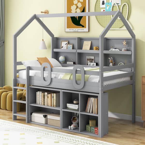 Qualler Gray Twin Size House Loft Bed with Storage Shelves