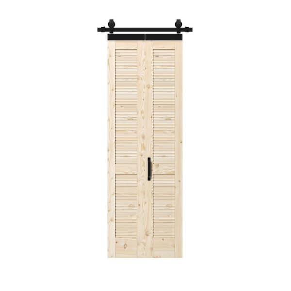 ARK DESIGN 28 in. x 84 in. Unfinished Pine Wood Louver Bi-Fold Sliding Barn Door with Hardware Kit