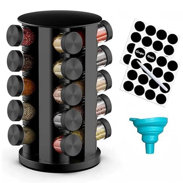 20 Jars Black Countertop Rotating Spice Rack Organizer for Kitchen Cabinet Stainless Steel Spice Holder