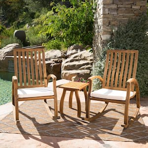 Cayo Natural Stained 3-Piece Wood Patio Conversation Seating Set with Cream Cushions