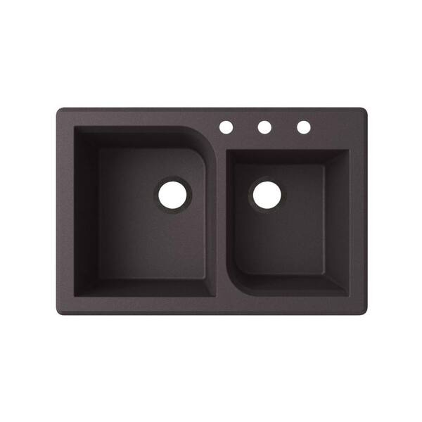 Swan Dual-Mount Granite 33 in. x 22 in. 3-Hole 55/45 Double Bowl Kitchen Sink in Nero