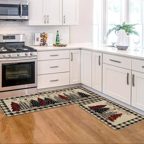 Black Plaid Xmas Tree Merry Christmas Indoor Kitchen Mats Set of 2 (17 in. x 29 in. Plus 17 in. x 47 in. )