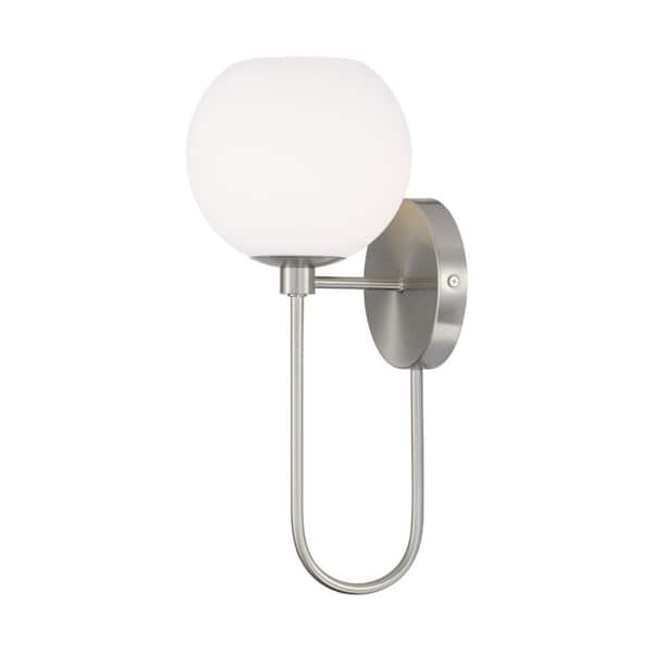 HOMEPLACE LIGHTING Ansley 1-Light Brushed Nickel 6.5 in. W x 15.25 in. H Wall Sconce with Circular Globe in Soft White Glass