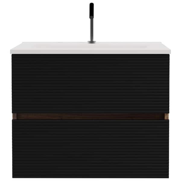 TCYO 24 in. Wall-Mounted Black Brown Bath Vanity with White Ceramic Top Assembled