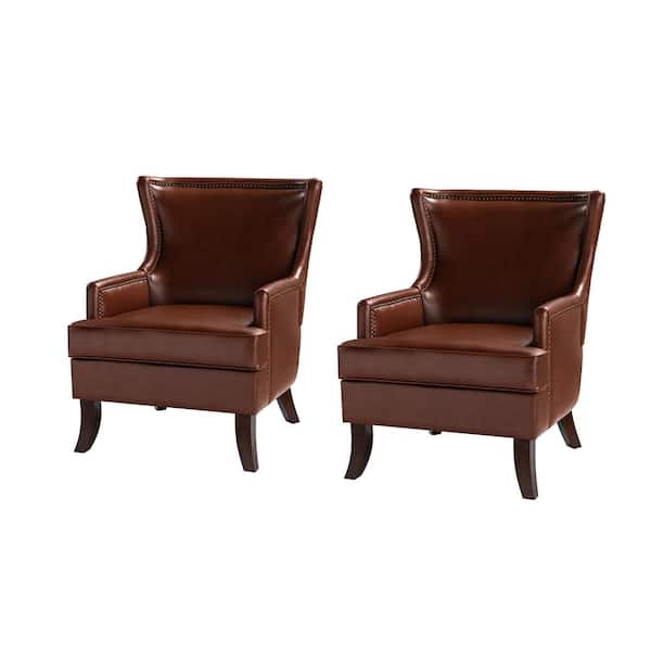 JAYDEN CREATION Benito Brown Mid-Century Modern Vegan Leather Accent Arm Chair (Set of 2) with Tapered Wood Legs