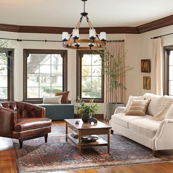 Rustic 8-Light Wood Wagon Wheel Chandelier Round Farmhouse Chandeliers for Dining Room with Seeded Glass Shades