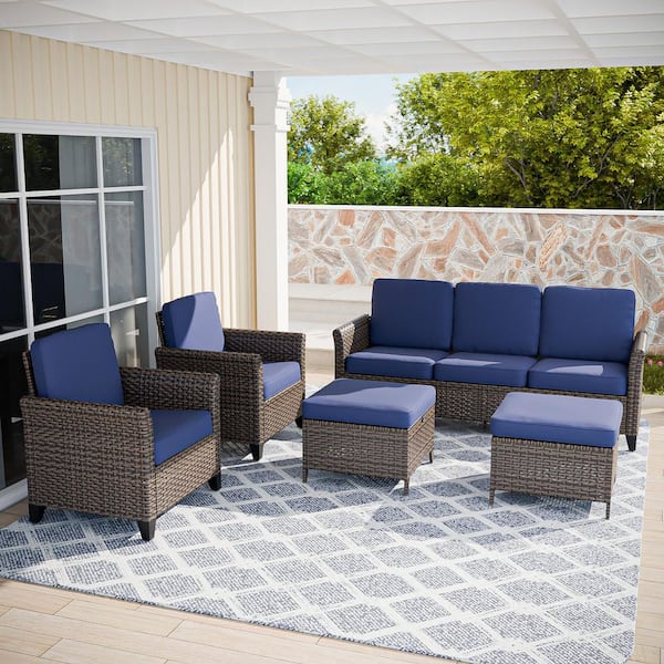 Brown Rattan Wicker 5-Piece Outdoor Patio Conversation Set with Cushions, Patio Chairs with Ottomans