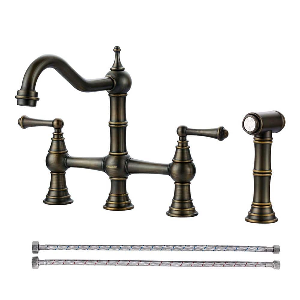 Vintage Double Handle Bridge Kitchen Faucet with Side Sprayer in Antique Bronze