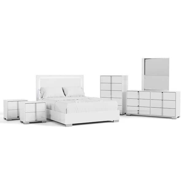 Mesala 6-Piece White Wood Frame King Panel Bedroom Set with LED Light on Headboard, Chrome Accents and Legs