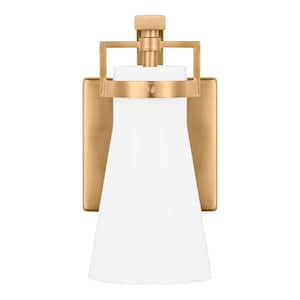 Clermont 5 in. 1-Light Satin Brass Bathroom Vanity Light Sconce with Milk Glass Shade