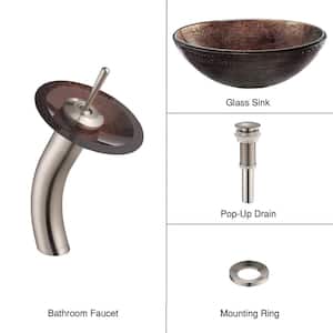 Illusion Glass Vessel Sink in Brown with Single Hole Single-Handle Low-Arc Waterfall Faucet in Satin Nickel