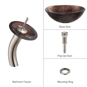 Multi-Color 16.5 in. Round Vessel Bathroom Sink in Copper Glass with Waterfall Faucet in Satin Nickel