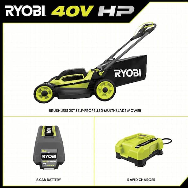 RYOBI 40V HP Brushless 20 in. Cordless Electric Battery Multi-Blade Walk Behind Self-Propelled Mower - 8.0Ah Battery & Charger