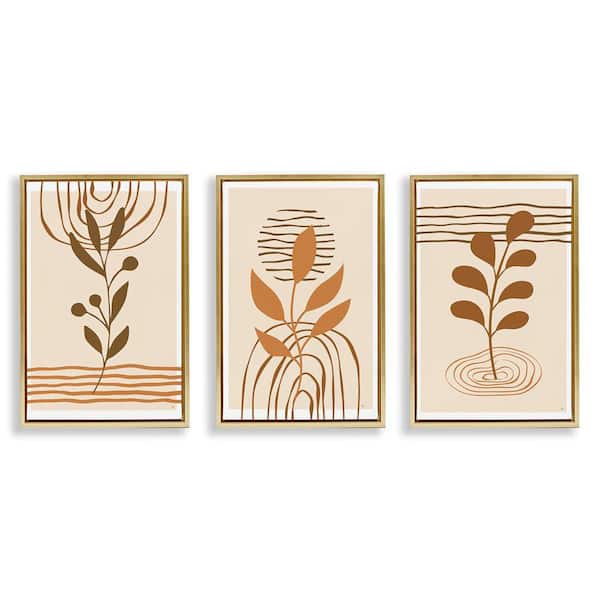 Stupell Industries Boho Sprigs & Line Patterns by Martina Pavlova 3 Pieces Gold Floater Frame Nature Graphic Art Print 25 in. x 17 in.