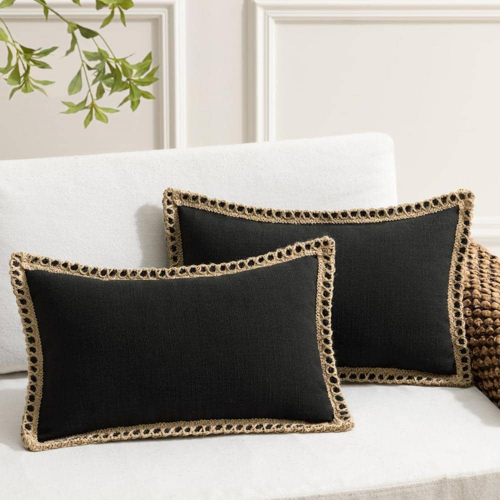 Pack of 2 Decorative Throw Pillow Covers, Burlap Linen Trimmed, Black