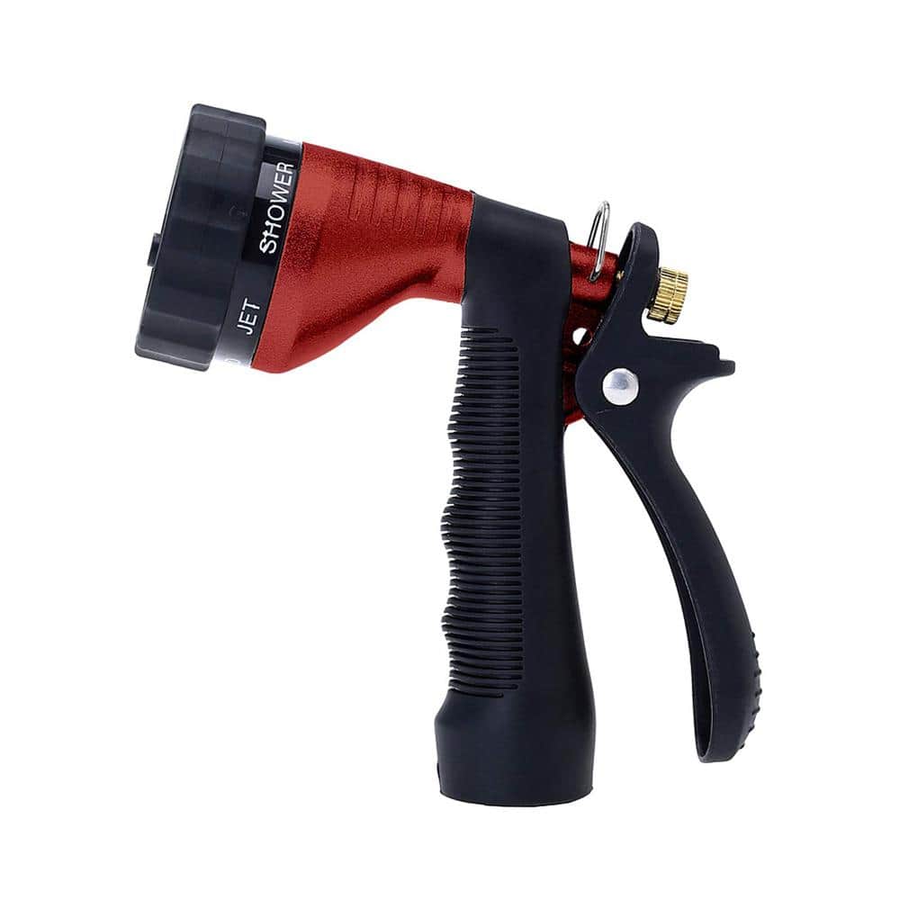 Rear-Trigger Metal Garden Hose Nozzle with Adjustable Spray Patterns in Red