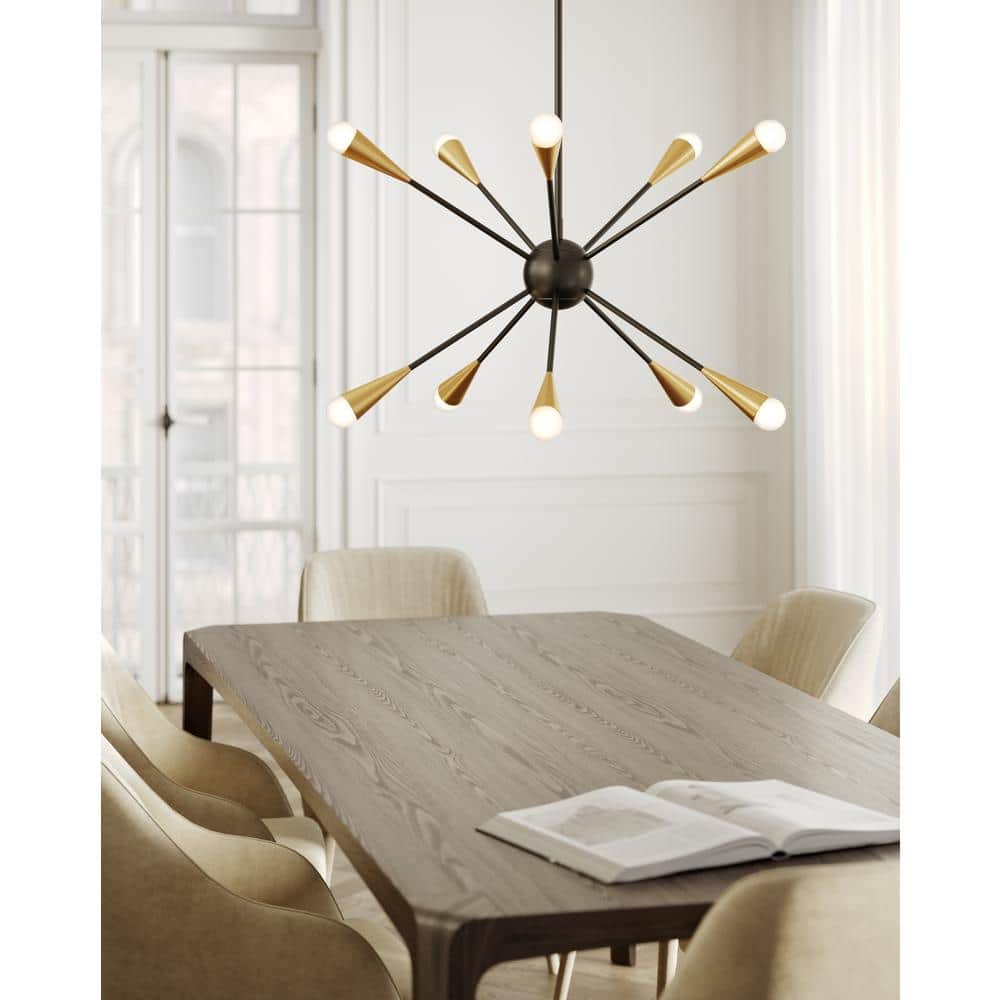 Midnight Black 10-Light Sputnik Chandelier with Brass Accents