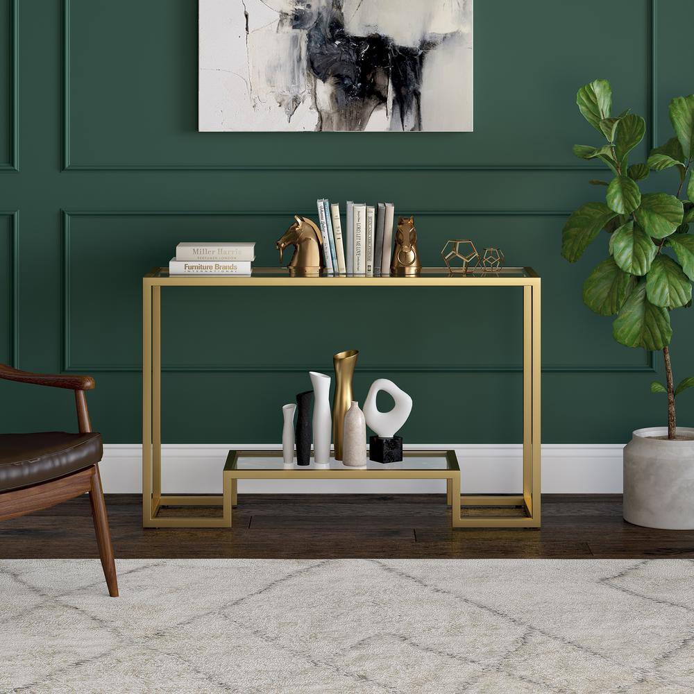 Athena Gold Metal & Glass Rectangular Console Table with Storage Shelf