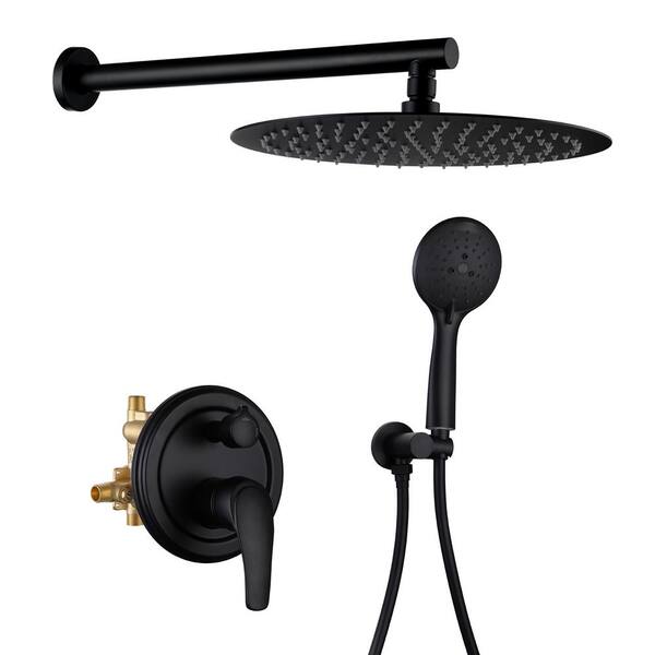 PERLIRIA INC 1-Handle 2-Spray 12 in. Rain Shower Head and 5 Mode Handheld Shower Head Shower System Faucet Combo Kit in Matte Black