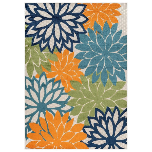 Floral Design Indoor/Outdoor High-Low Textured Area Rug, Floral, Easy-Clean Patio Rug 6 ft. x 9 ft. Multi