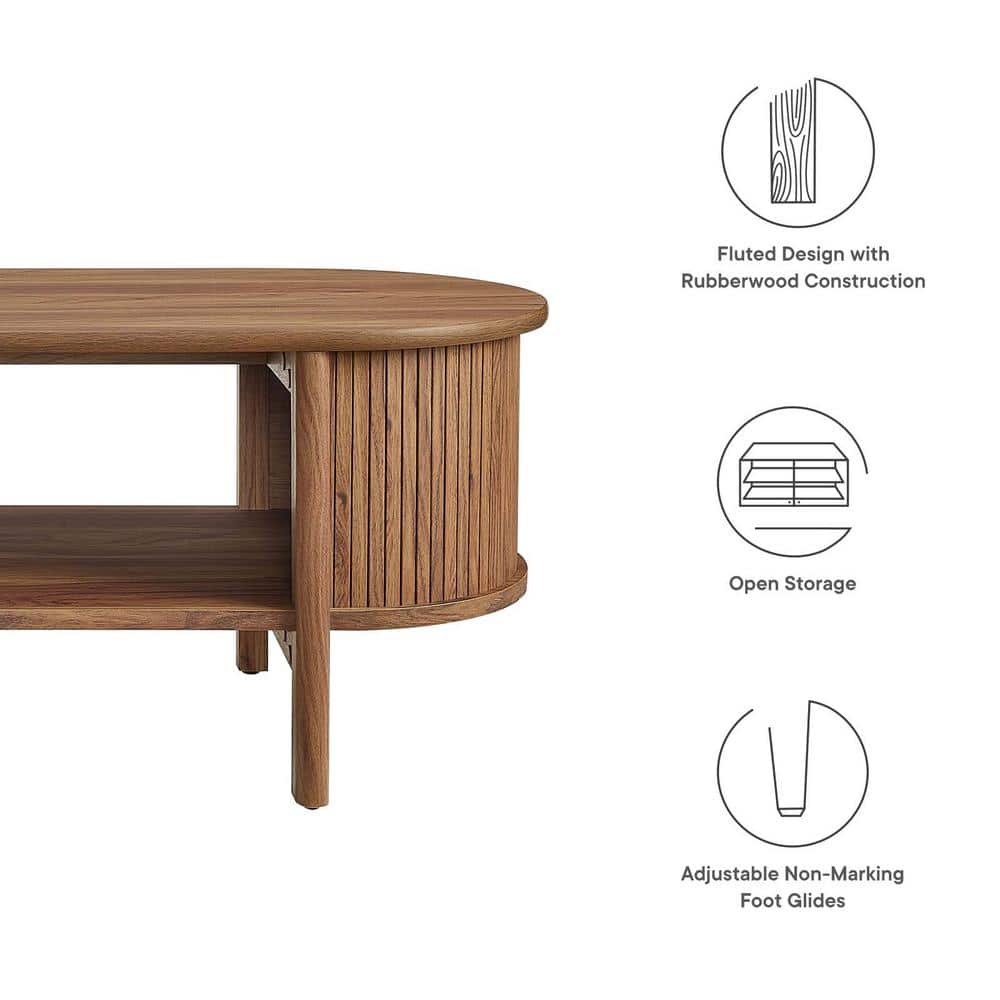 Walnut Oval Coffee Table with Open Storage and Fluted Sides