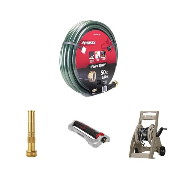Husky 5 in. Brass Twist Nozzle, 5/8 in. x 50 ft. Heavy-Duty Hose, 4500 sq. ft. Sprinkler and 175 ft. Hose Reel Combo