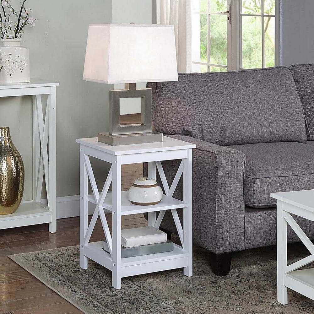 Coastal Farmhouse Chic White Square Wood End Table with Shelves